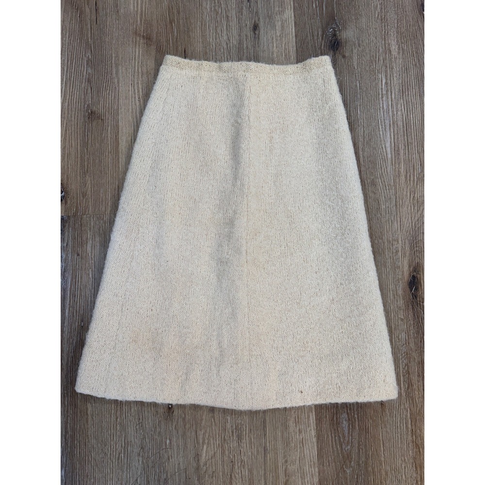 Vintage Wool Knit Skirt Womens Small Cream A-Line High Waist Textured Midi Ivory